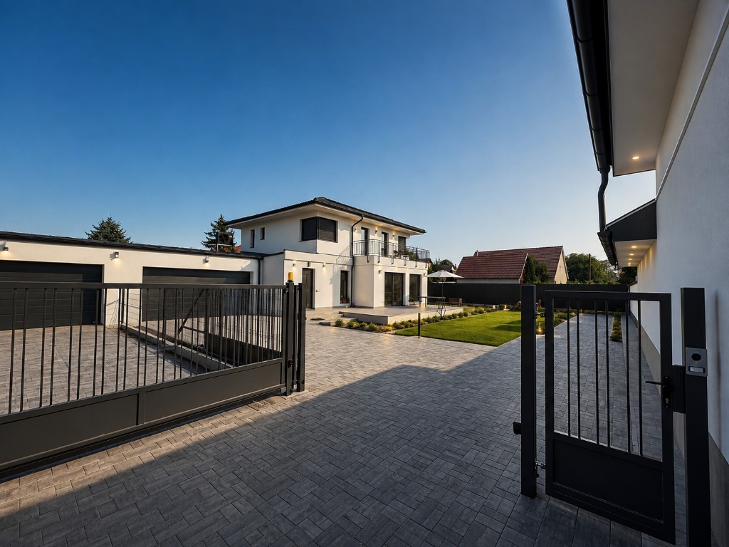 Térkövezett udvar és kocsibejáró, modern családi ház kapuval